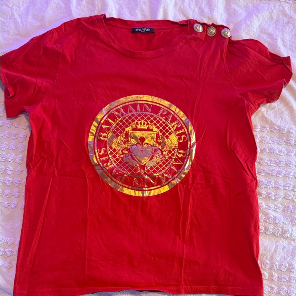 Balmain  Red Tee with Gold Logo